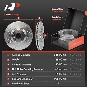 A-Premium 13.58 inch (345 mm) Front Drilled and Slotted Disc Brake Rotors + Ceramic Pads Kit Compatible with Select Volvo Models - XC60, XC90, XC40, S90, V60, V90, V90 Cross Country, 6-PC Set