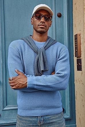 PJ PAUL JONES Mens Crewneck Pullover Sweater Waffle Textured Long Sleeve Knitted Sweaters