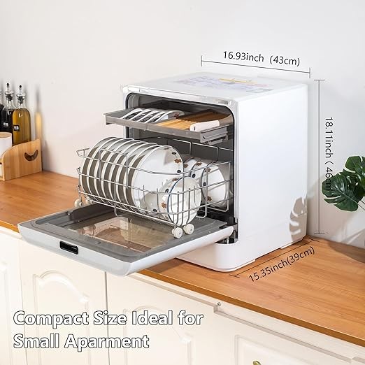 POHHRYVI Countertop Dishwasher 4 Wash Programs Hot Drying,Air-Dry Function & Fruit Wash LED Light 110V Portable Dishwasher for Small Apartments, Dorms