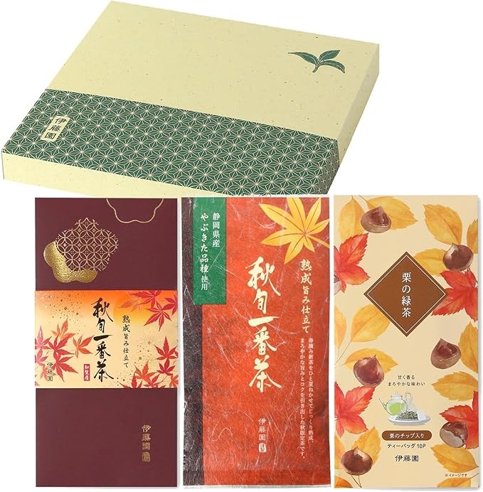 Itoen Specialty Store Official Autumn Tea Set of 3 Types of Tea in Autumn, First Tea Leaf Tea 2.5 oz (70 g) x 2 Types, Chestnut Green Tea Bag, 0.1 oz (2.5 g) x 10 Pieces, Gift Box Included